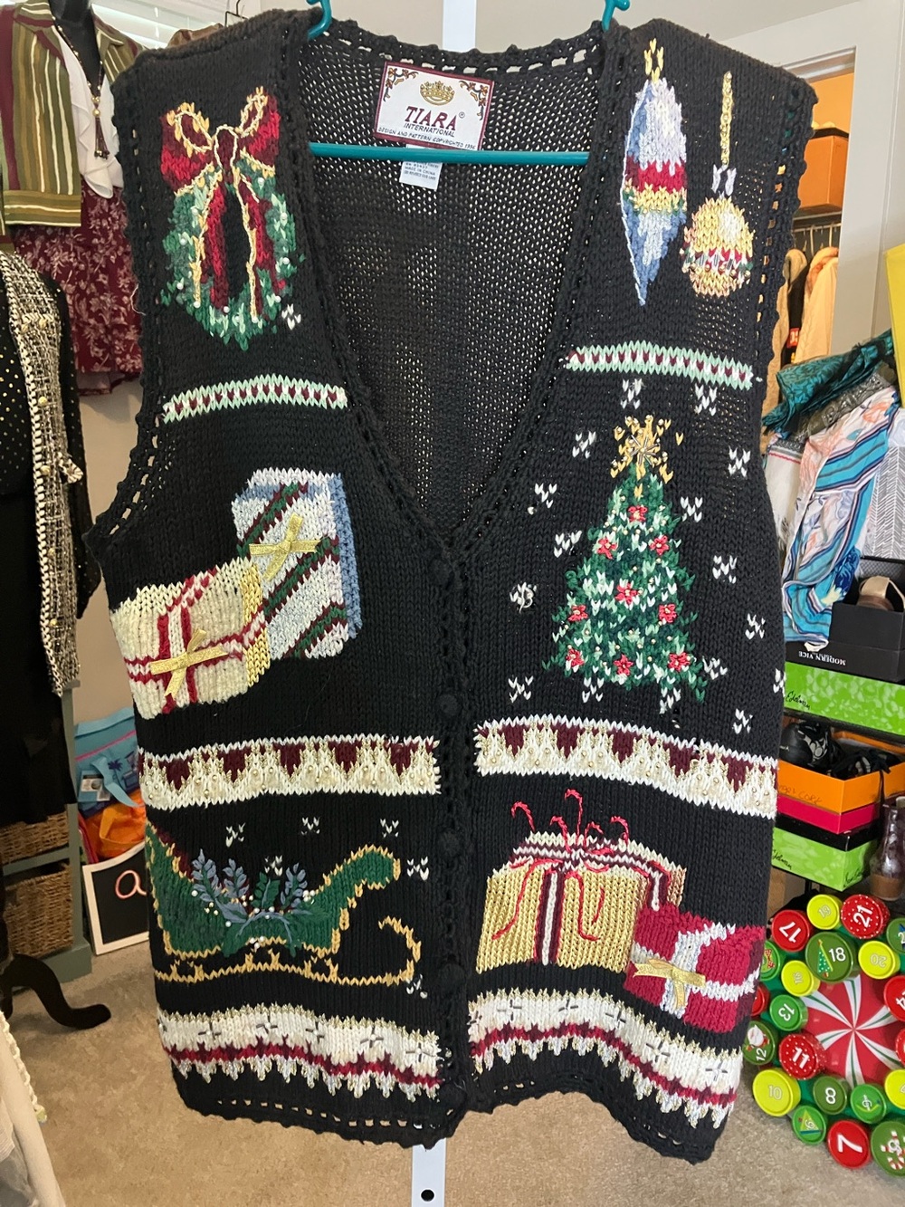 Tiara Black Knit Holiday Vest with Multicolor Christmas Motifs